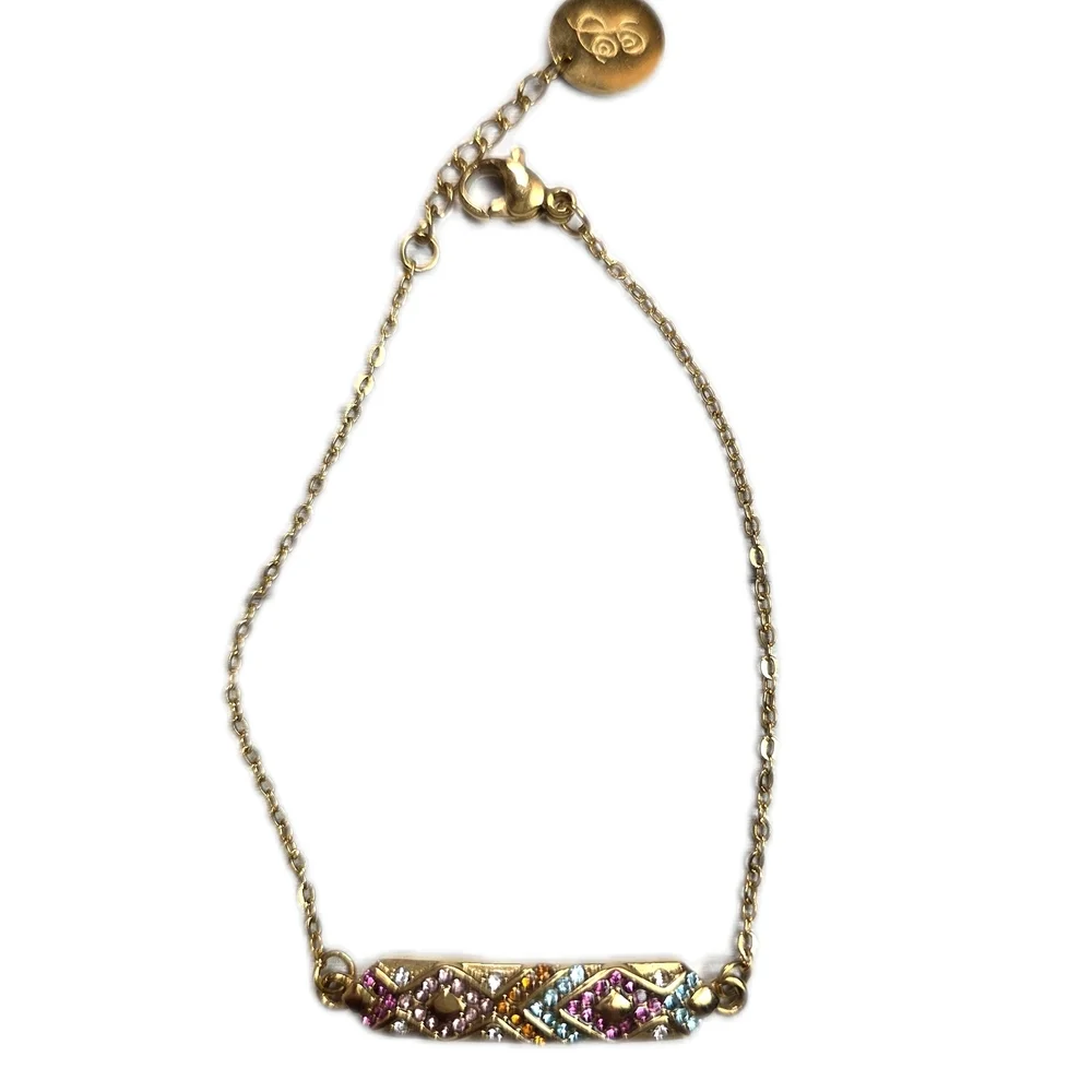 Plunder Gold-Tone Bar Bracelet with Pink & Light Blue Accents Non Tarnish